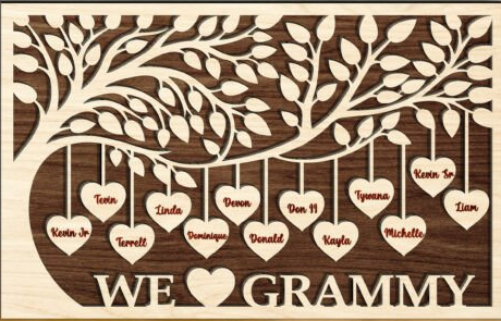 Laser Cut Wood Family Tree Hearts