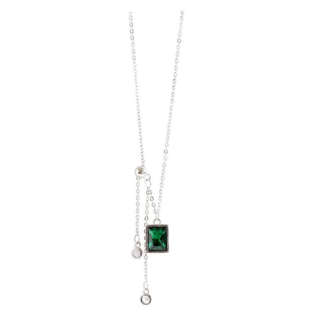 925 Sterling Silver Sole Memory Square Green Crystal Necklace